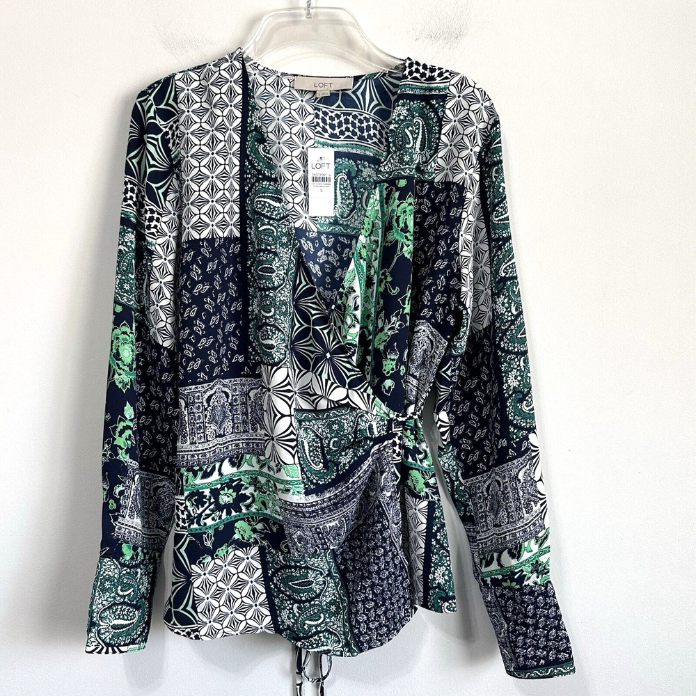 LOFT Patchwork Wrap Blouse S Deep Space Blue‎ Long Sleeve Tie Waist V Neck NEW